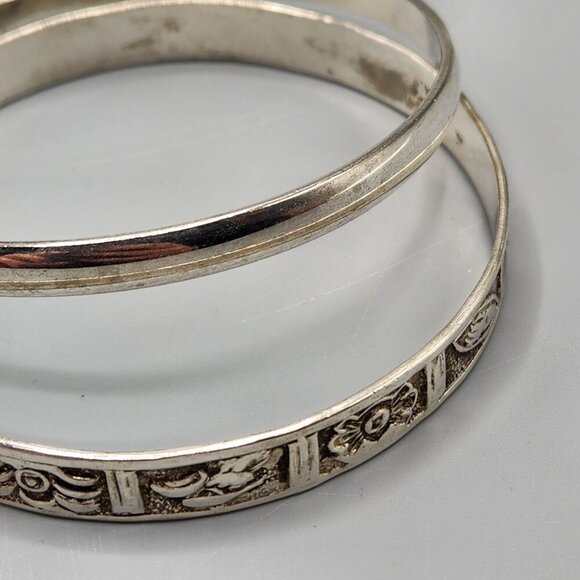 Sterling Silver Bangle Bracelets 925 Taxco Mexico Pair Panel Plain Handmade - Picture 4 of 15